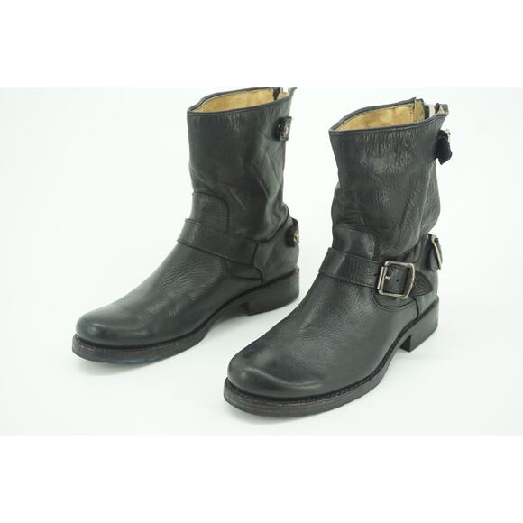 Frye Veronica Shortie Black Leather Biker Boots size 7.5 Slouchy Buckle - Picture 2 of 11